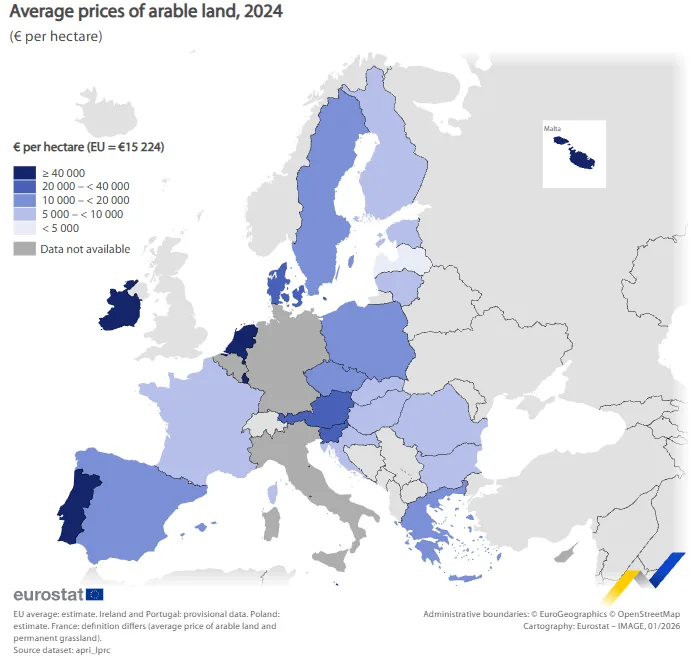 Ceny ziemi w UE Mapa Eurostatu pokazująca średnie ceny gruntów rolnych w krajach Unii Europejskiej.